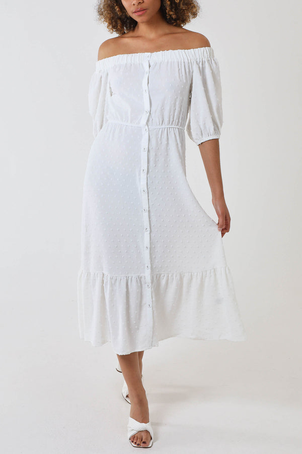 Qed London Bardot Button Through Spot Midi Dress