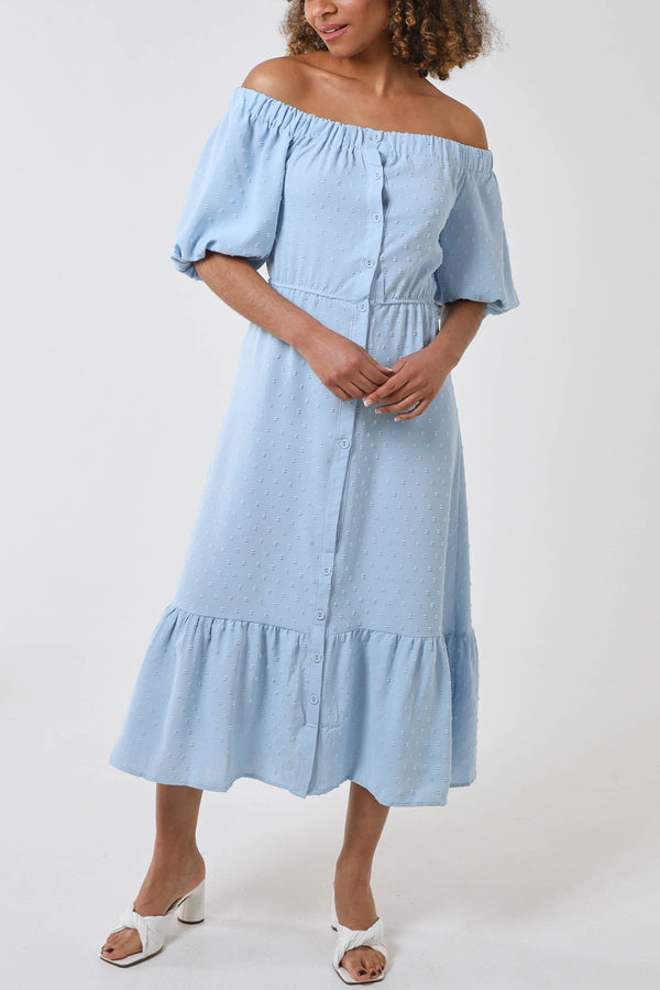 Qed London Bardot Button Through Spot Midi Dress