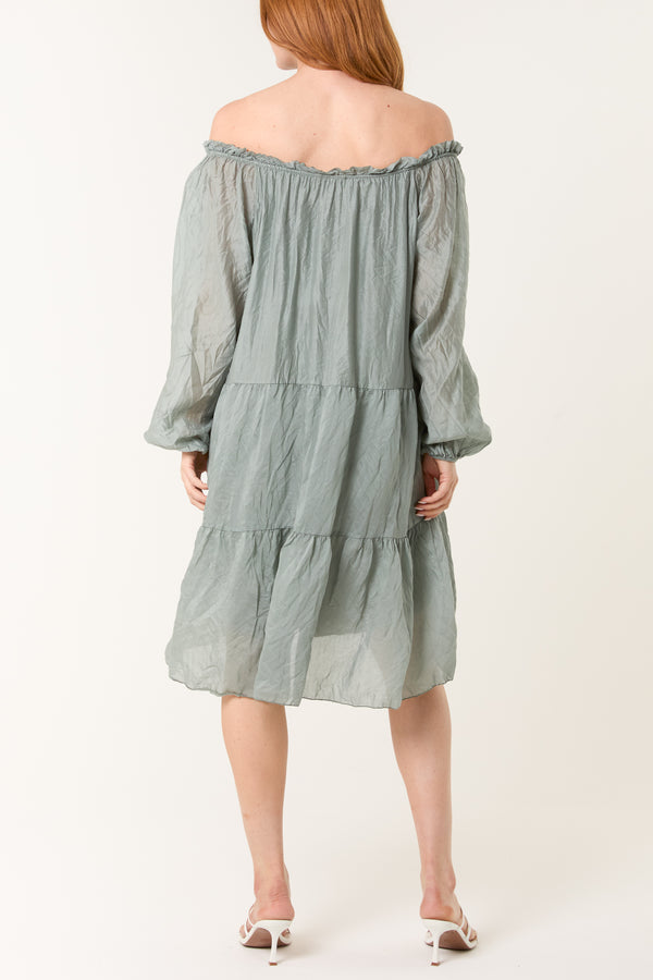 Qed London Bardot Crinkle Tiered Mini Dress