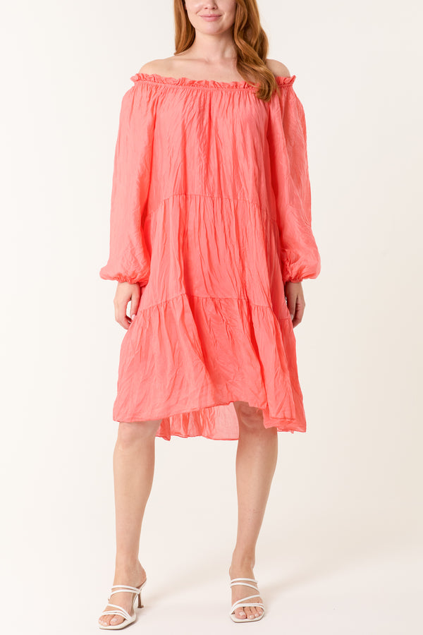 Qed London Bardot Crinkle Tiered Mini Dress