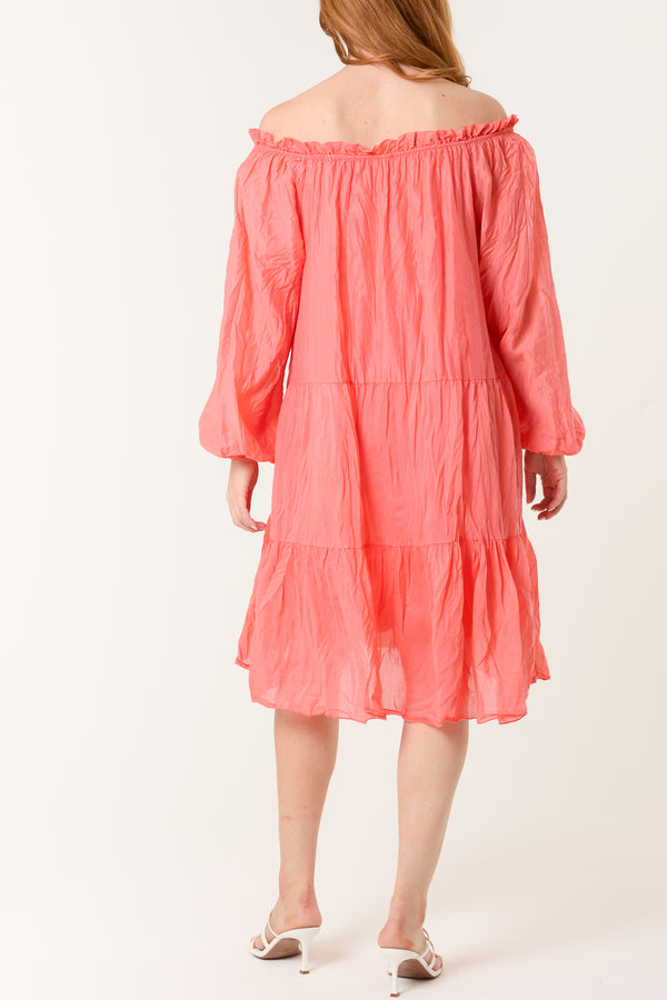 Qed London Bardot Crinkle Tiered Mini Dress