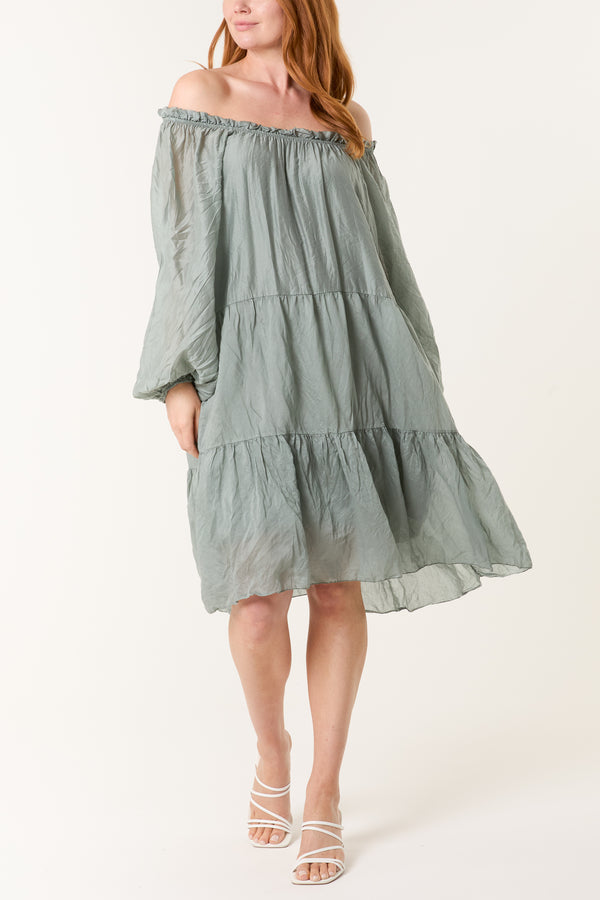 qed london Bardot Crinkle Tiered Mini Dress