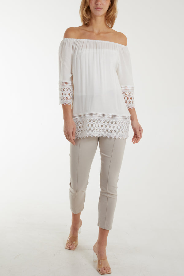 Qed London Bardot Crochet Detail Hem Top