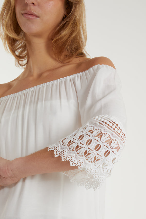 Qed London Bardot Crochet Detail Hem Top
