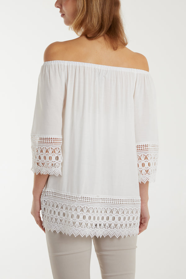 Qed London Bardot Crochet Detail Hem Top