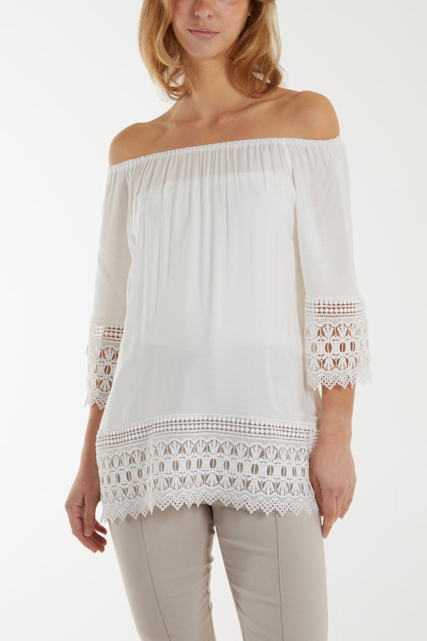 qed london Bardot Crochet Detail Hem Top