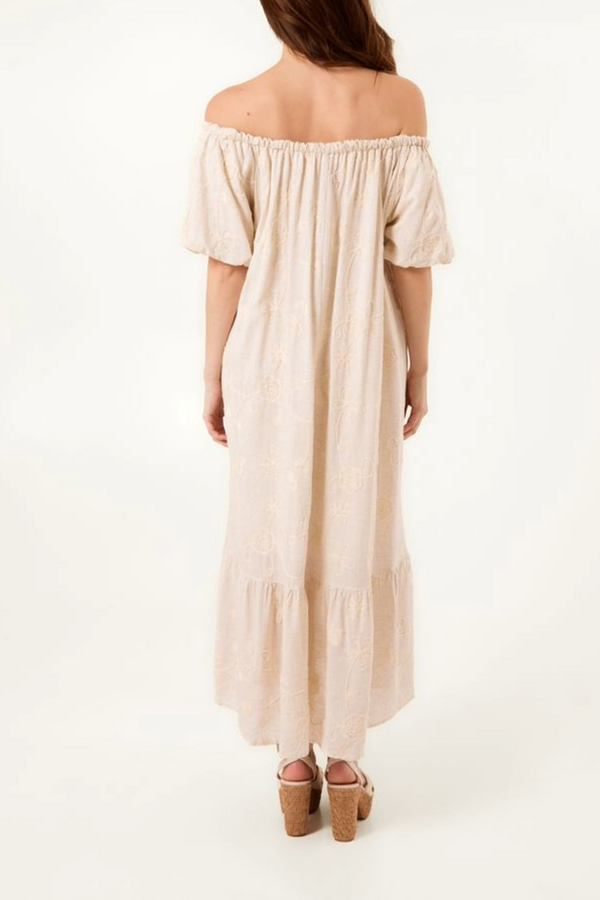 Qed London Bardot Embroidery Linen Maxi Dress
