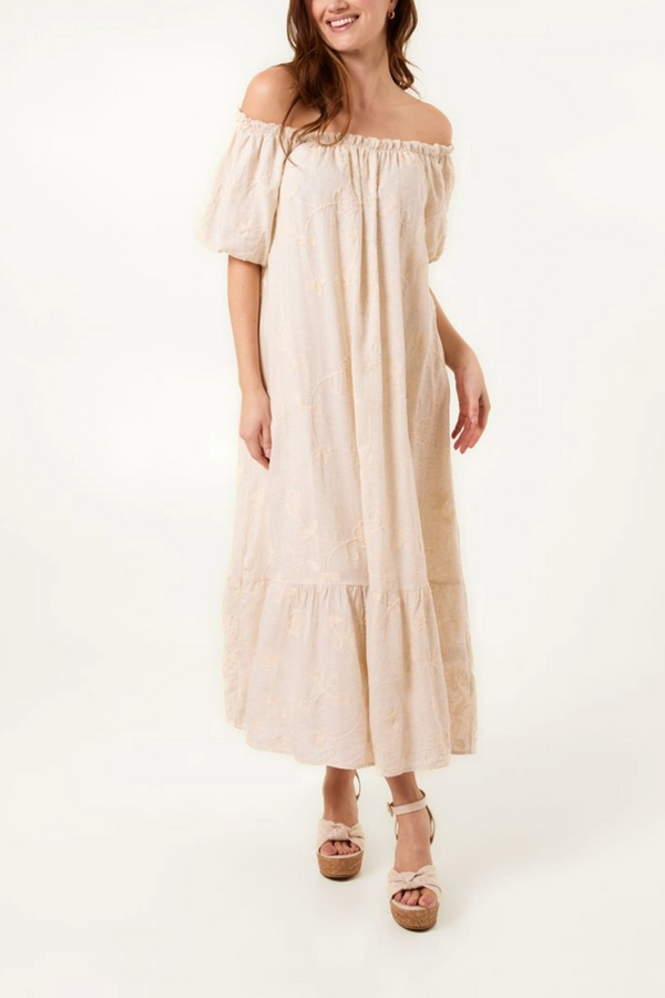 qed london Bardot Embroidery Linen Maxi Dress