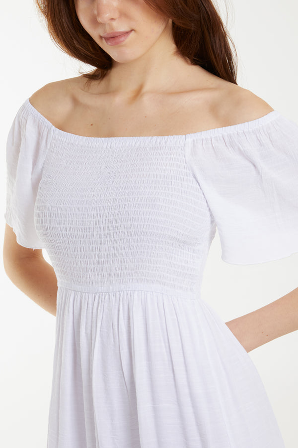 Qed London Bardot Flutter Sleeve Elastic Dress