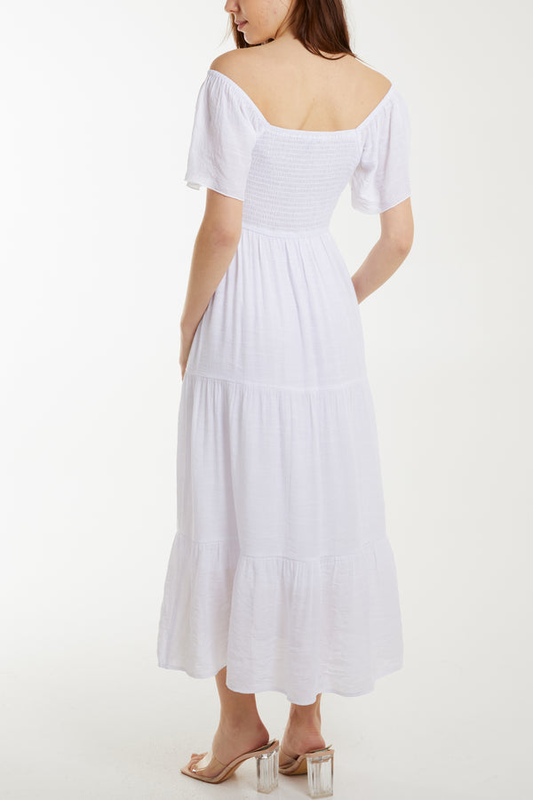 Qed London Bardot Flutter Sleeve Elastic Dress