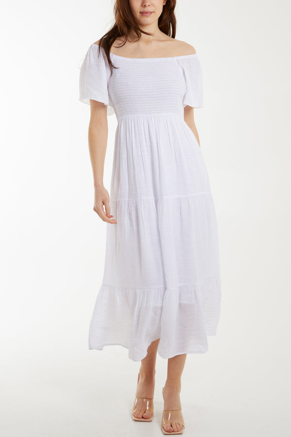 qed london Bardot Flutter Sleeve Elastic Dress