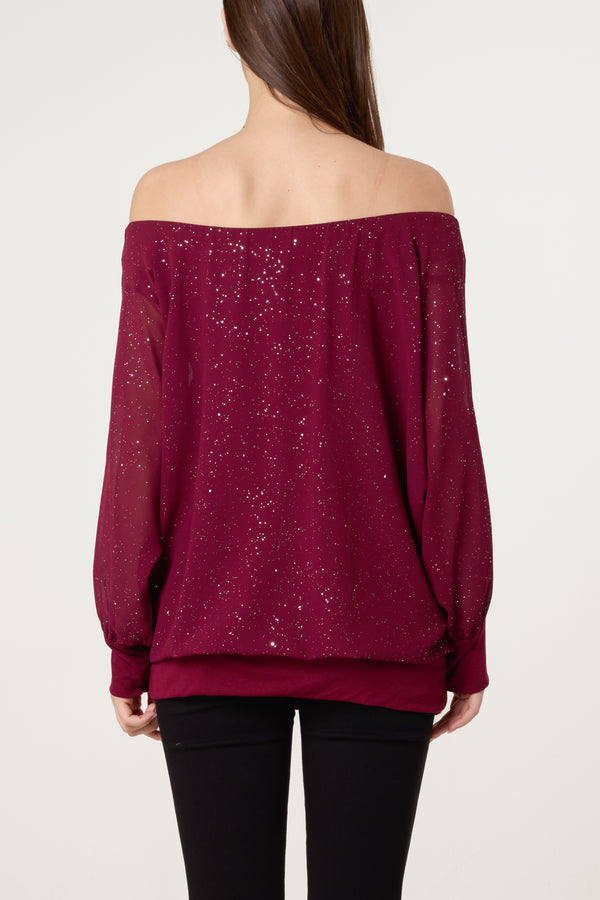 Qed London Bardot Metallic Glitter Chiffon Blouse