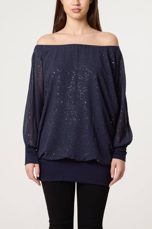 Qed London Bardot Metallic Glitter Chiffon Blouse