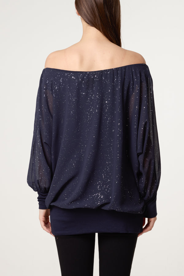 Qed London Bardot Metallic Glitter Chiffon Blouse