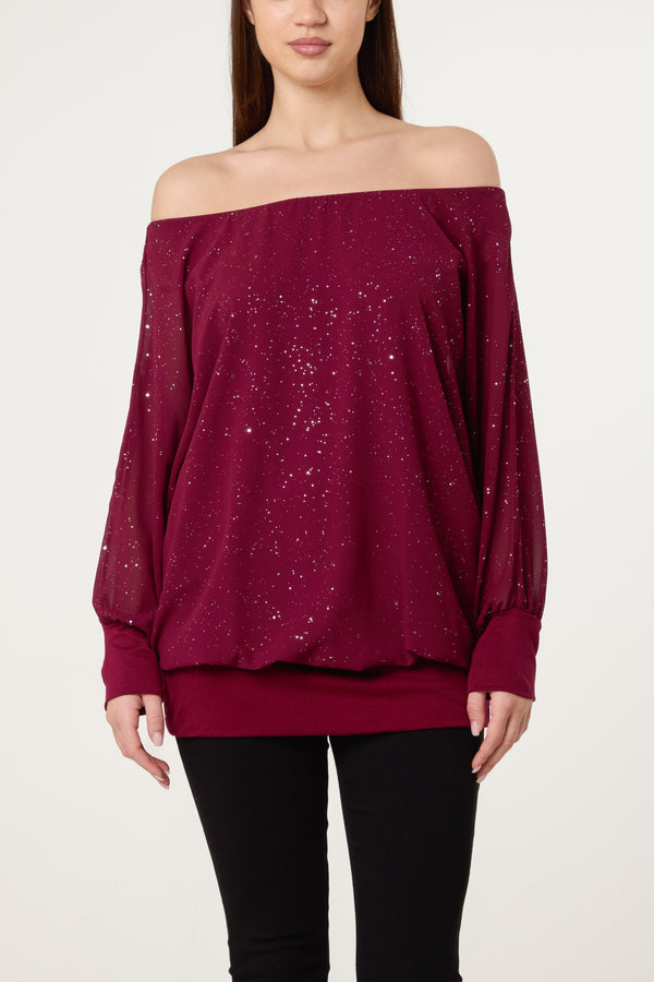 qed london Bardot Metallic Glitter Chiffon Blouse