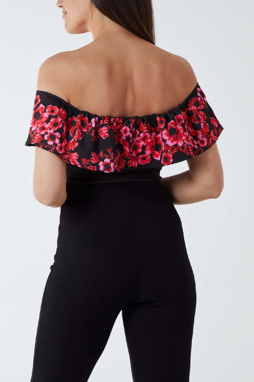 Qed London Bardot Printed Frill Bodysuit