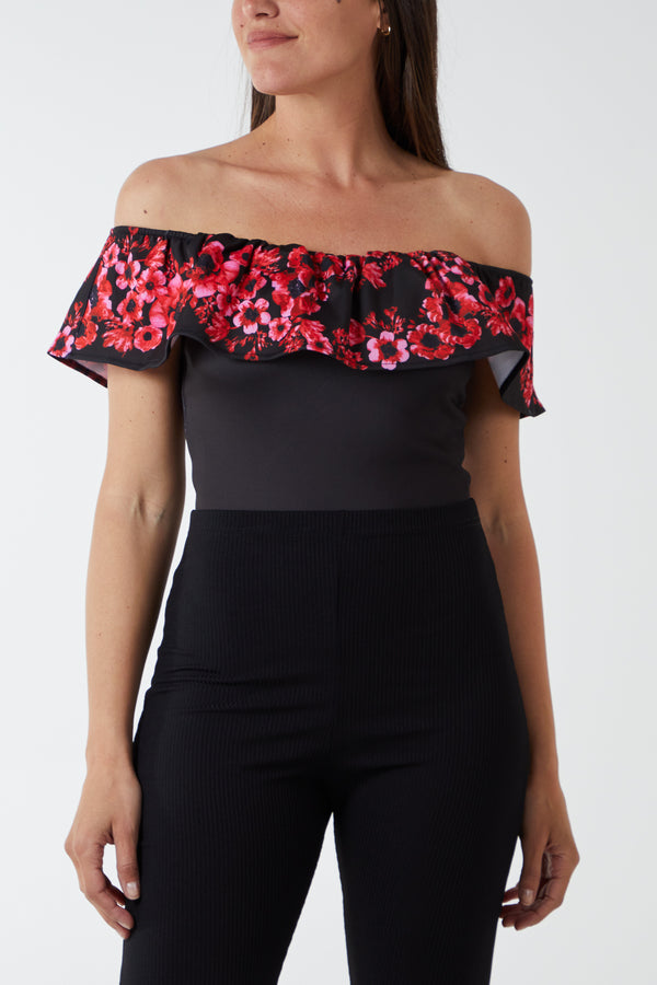 qed london Bardot Printed Frill Bodysuit