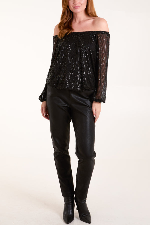 Qed London Bardot Puffball Sequin Top