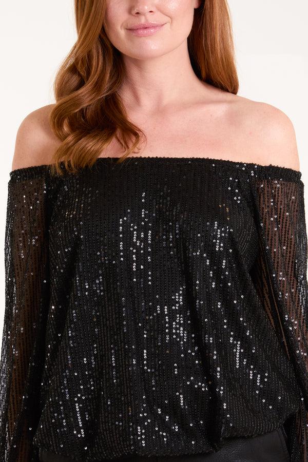 Qed London Bardot Puffball Sequin Top