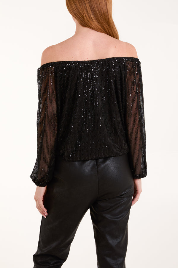 Qed London Bardot Puffball Sequin Top
