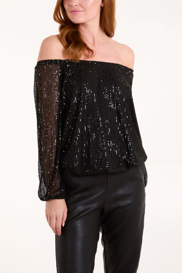 qed london Bardot Puffball Sequin Top