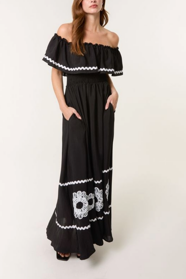 Qed London Bardot Ric Rac Floral Embroidery Dress