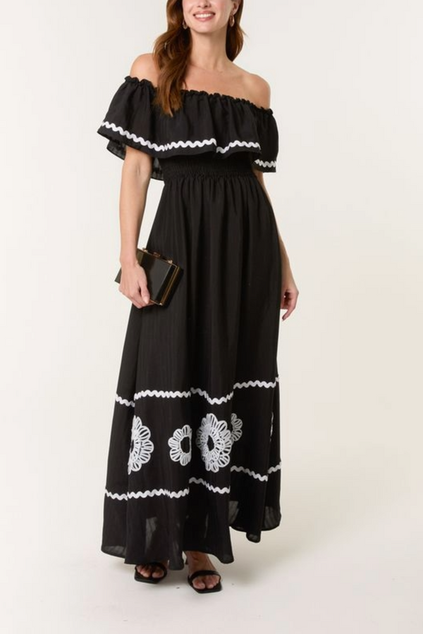 qed london Bardot Ric Rac Floral Embroidery Dress