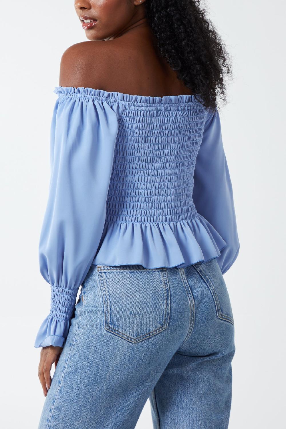 Qed London Bardot Ruched Long Sleeve Top