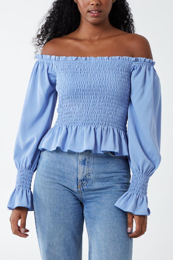 qed london Bardot Ruched Long Sleeve Top