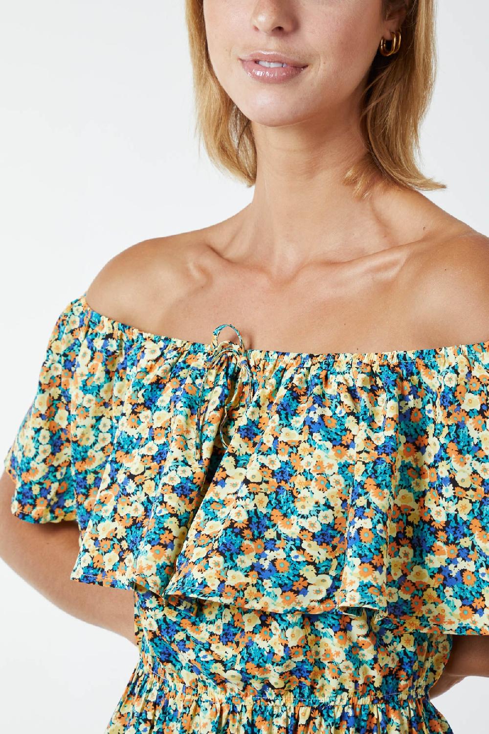 Qed London Bardot Ruffle Shoulder Midi Dress