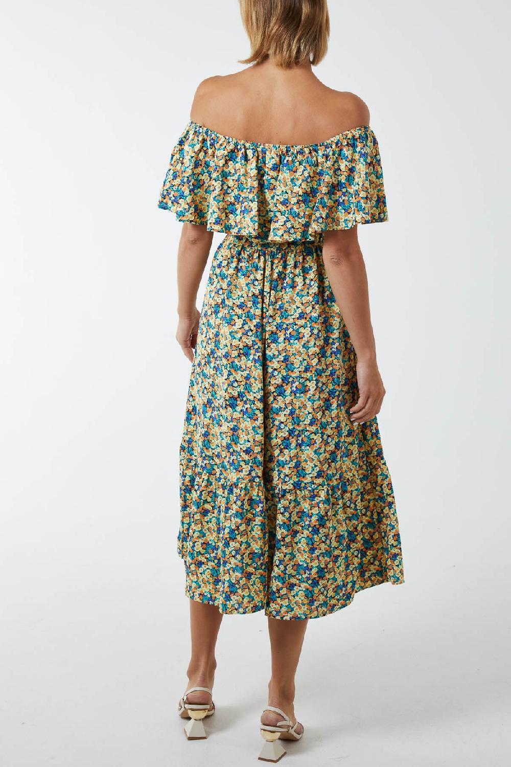 Qed London Bardot Ruffle Shoulder Midi Dress