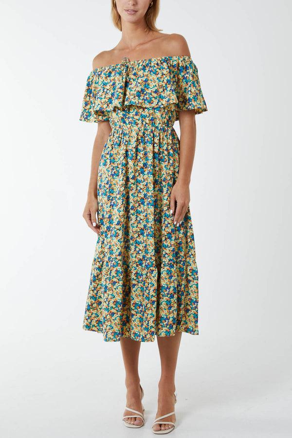 qed london Bardot Ruffle Shoulder Midi Dress