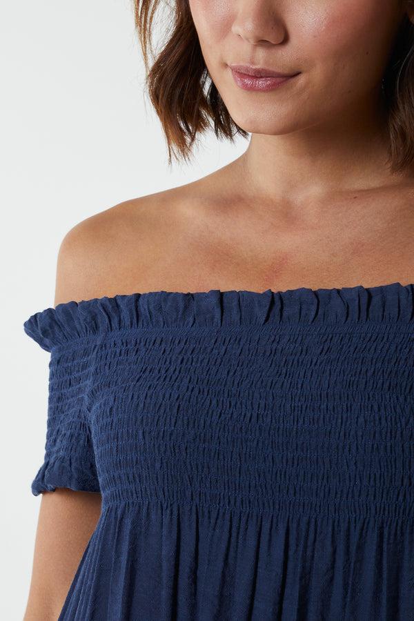 Qed London Bardot Shirred Floaty Mini Dress