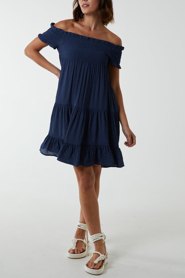 qed london Bardot Shirred Floaty Mini Dress