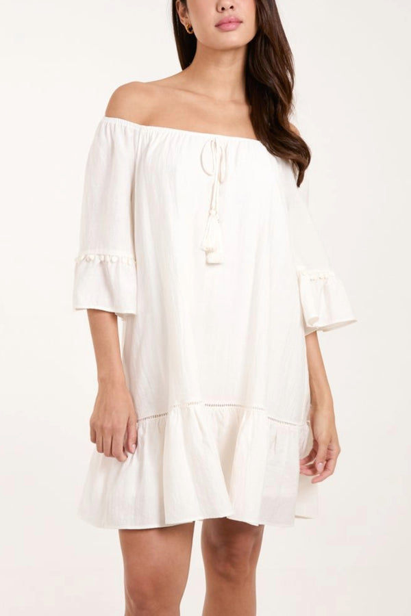 Qed London Bardot Tassel Detail Tunic Dress