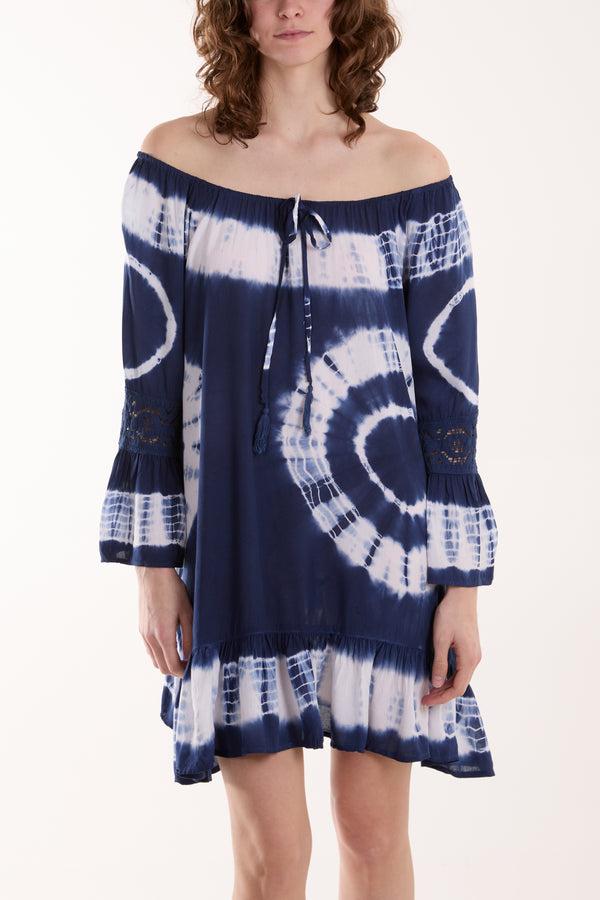 Qed London Bardot Tie Dye Tunic Mini Dress