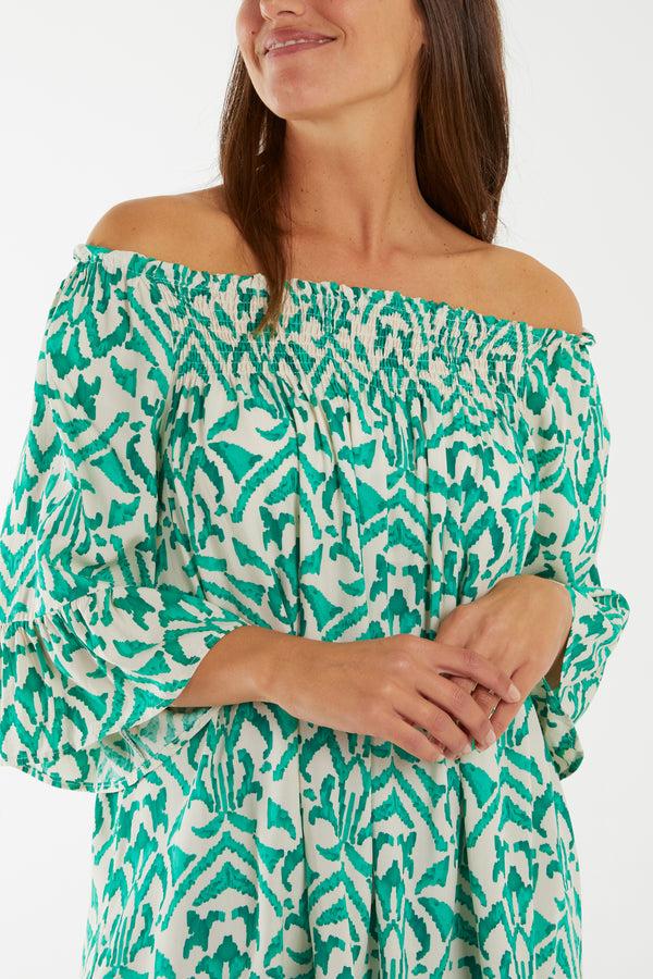 Qed London Baroque Print Bardot 3/4 Sleeve Top