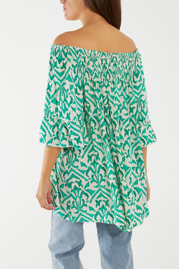 Qed London Baroque Print Bardot 3/4 Sleeve Top