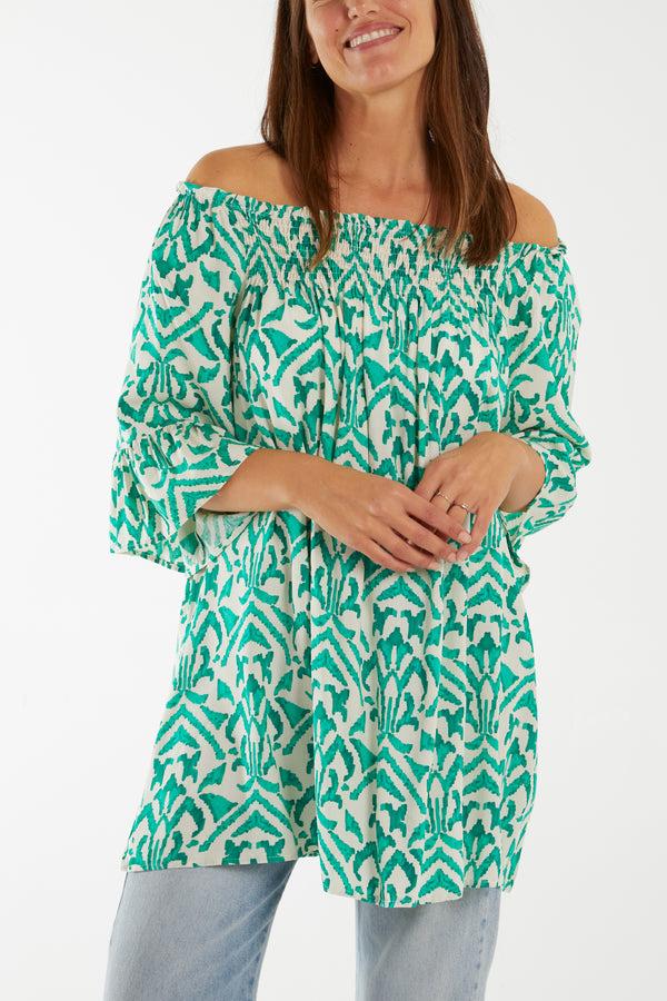 Qed London Baroque Print Bardot 3/4 Sleeve Top