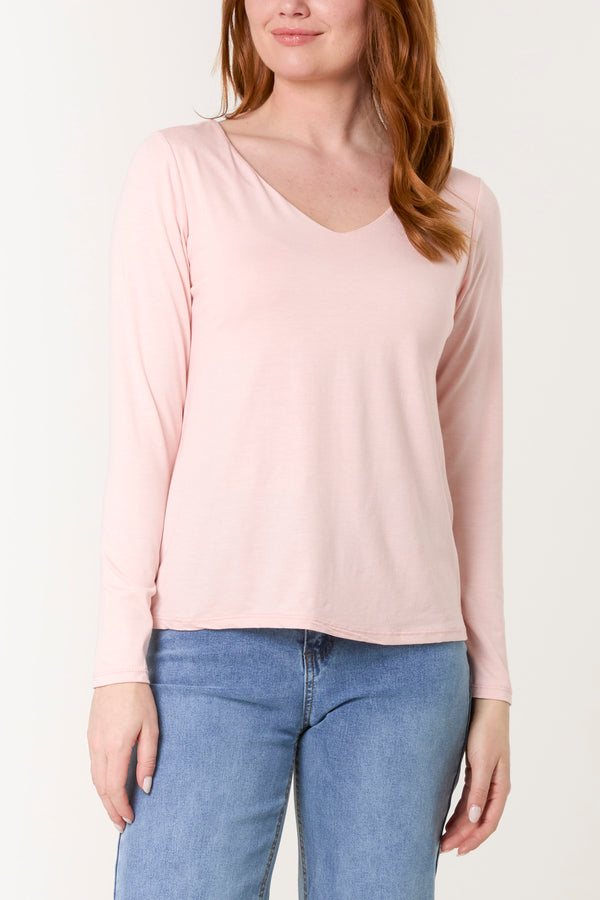 Qed London Basic V-Neck Stretch Long Sleeve Top