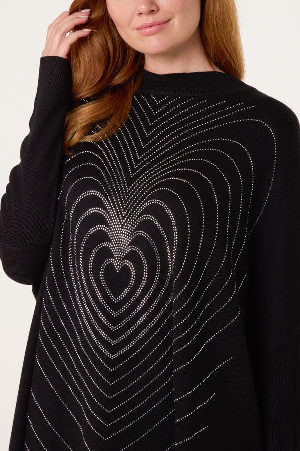 Qed London Batwing Diamante Heart High Neck Jumper
