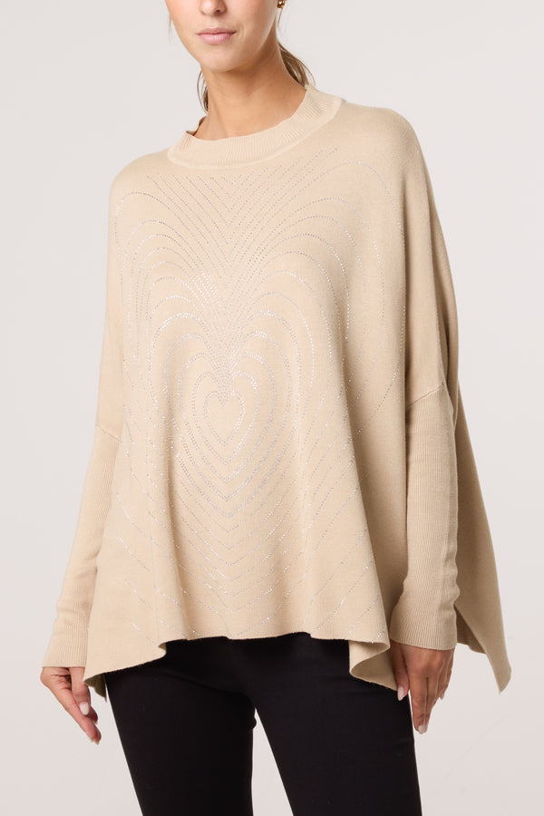 Qed London Batwing Diamante Heart High Neck Jumper
