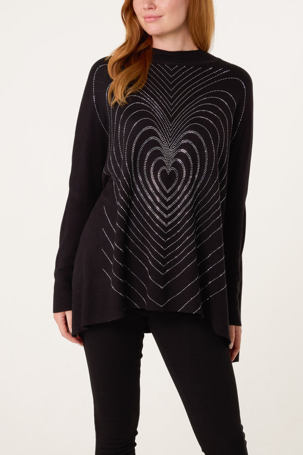qed london Batwing Diamante Heart High Neck Jumper