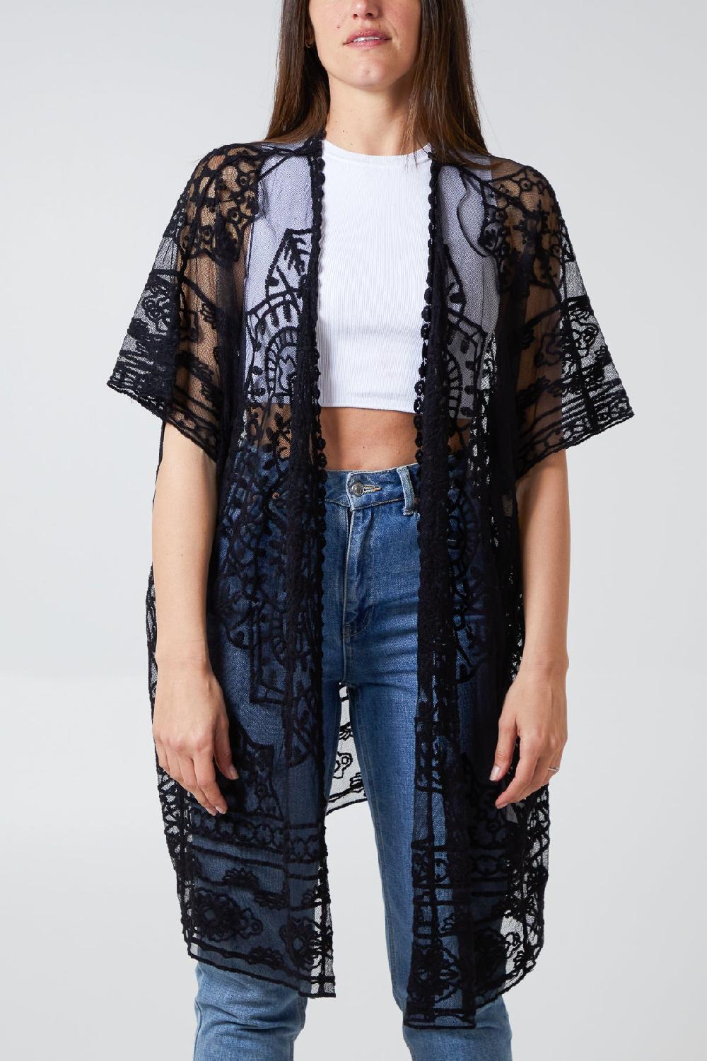 Qed London Batwing Sleeve Lace Embroidery Kimono