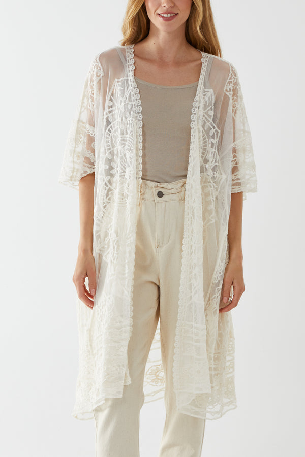 qed london Batwing Sleeve Lace Embroidery Kimono
