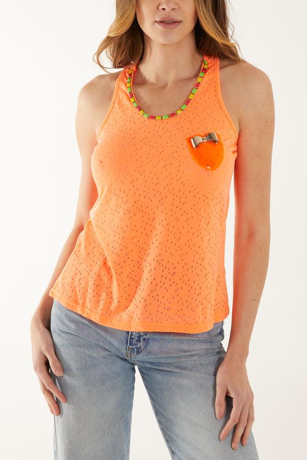 qed london Beads Neck Holey Racer Vest