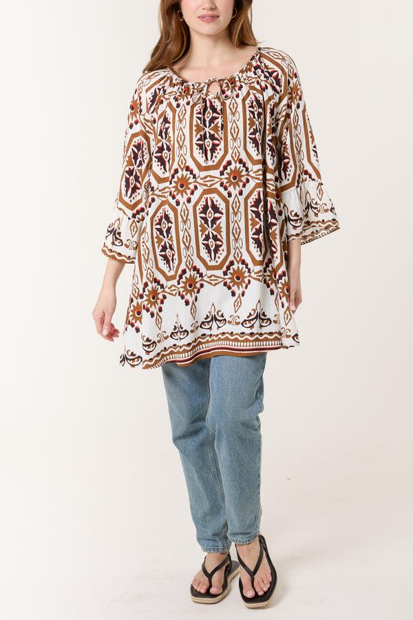 Qed London Bell Sleeve Mosaic Print Top
