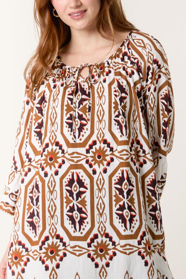 Qed London Bell Sleeve Mosaic Print Top