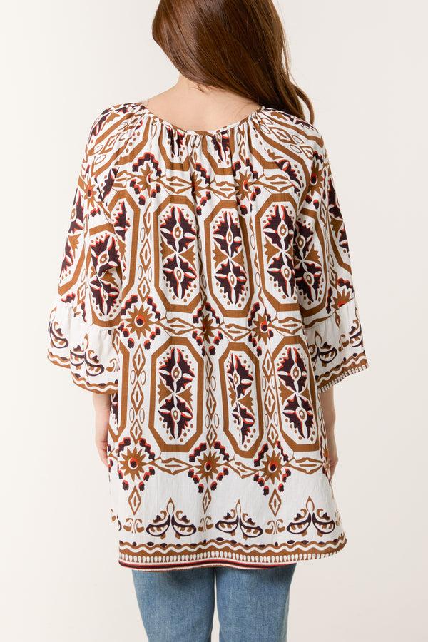 Qed London Bell Sleeve Mosaic Print Top
