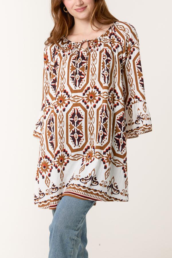 qed london Bell Sleeve Mosaic Print Top